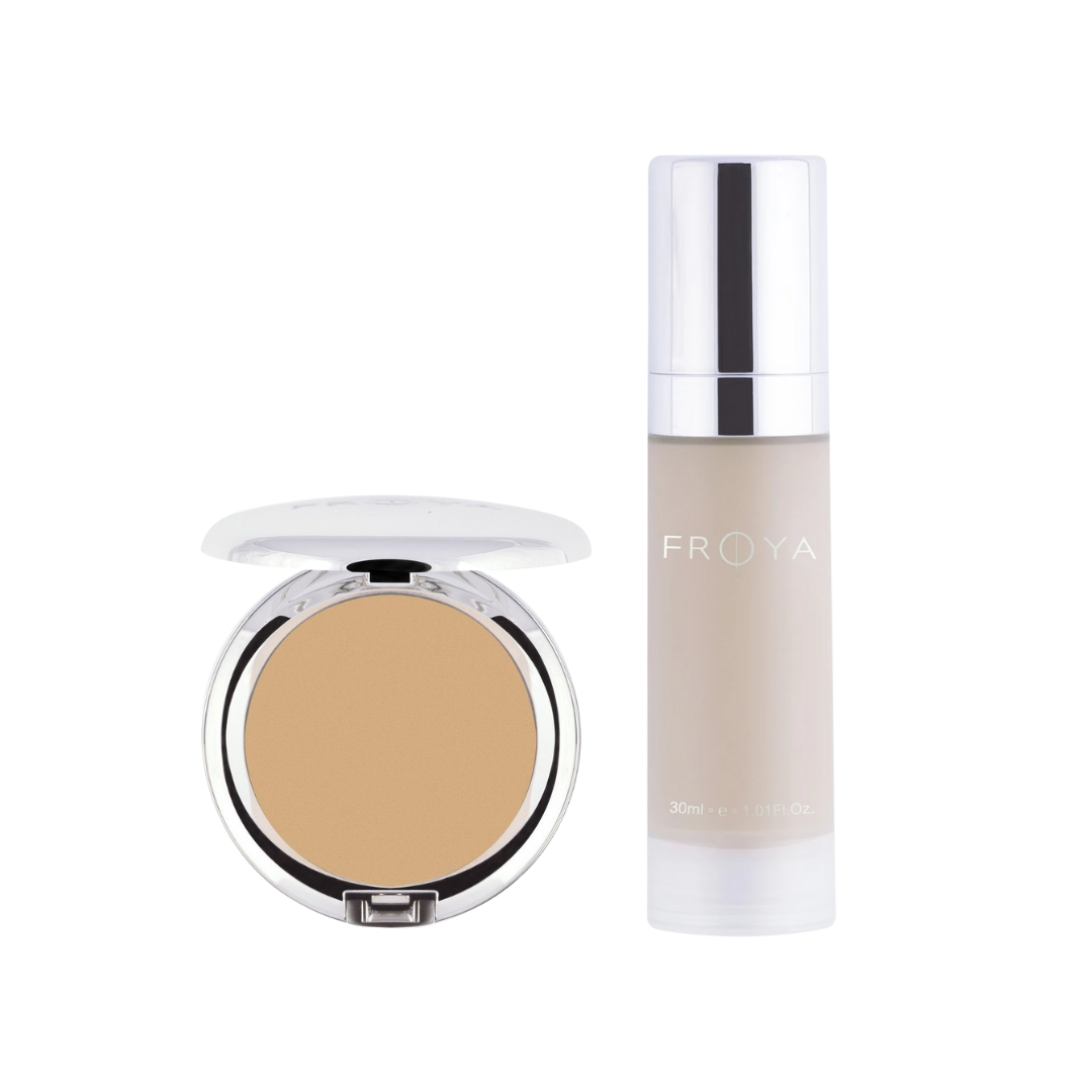 All-Around Bronzer og Moisture Foundation, nyanse No 1. Gyllen undertone med shimmer / No 2. Veldig lys med gul undertone