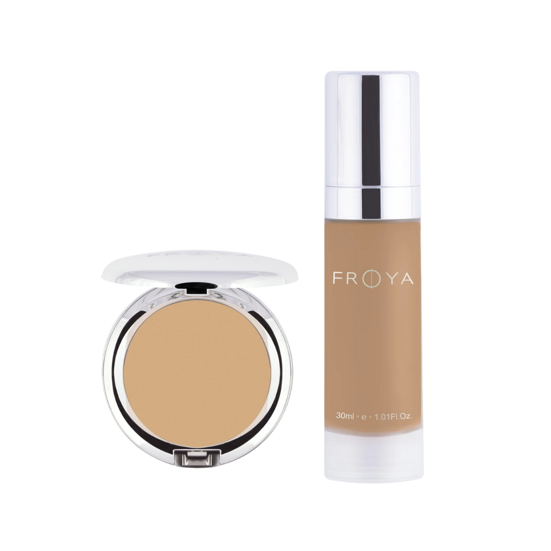 All-Around Bronzer og Moisture Foundation, nyanse No 1. Gyllen undertone med shimmer / No 8. Medium mørk med gyllenbrun undertone